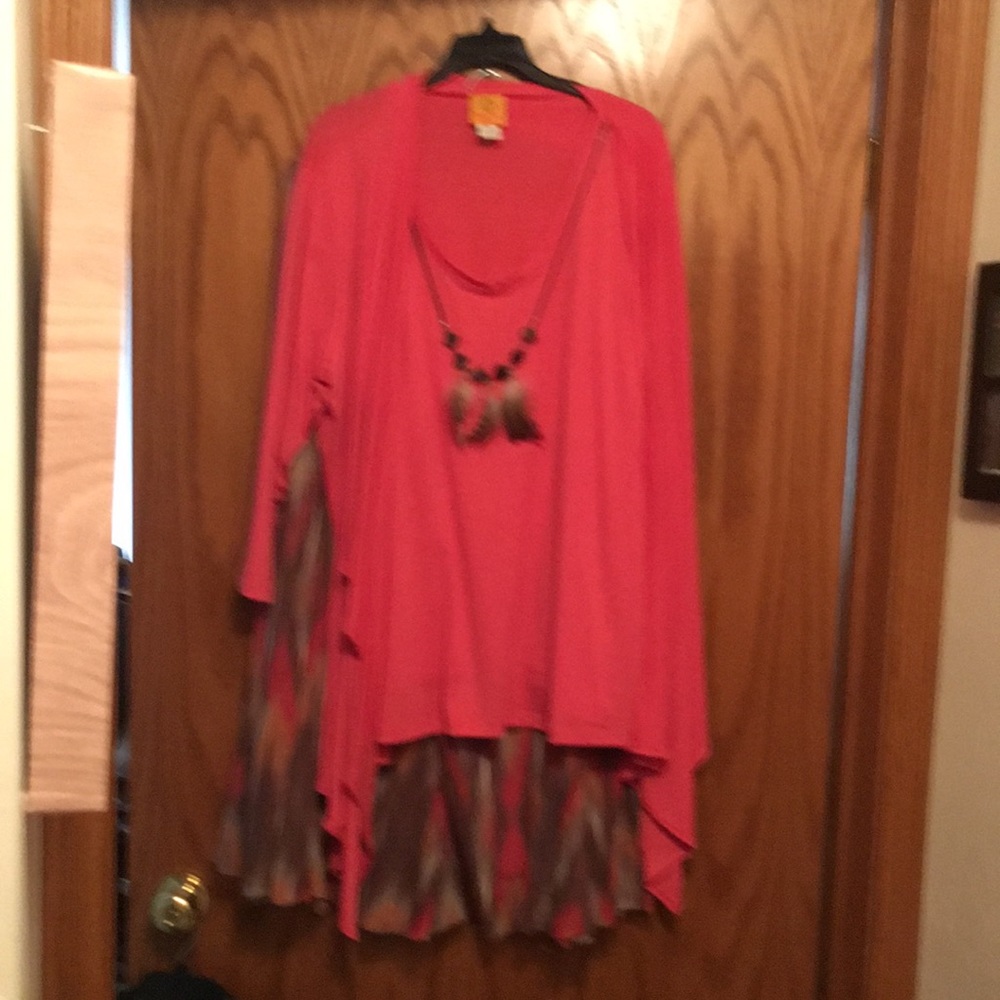 2piece Knit Top and Skirt Combo set with feather necklace.